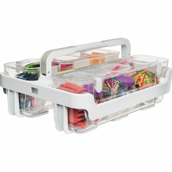 Image of deflecto® Stackable Caddy Organizer with S, M and L Containers, Plastic, 10.5 x 14 x 6.5, White Caddy/Clear Containers