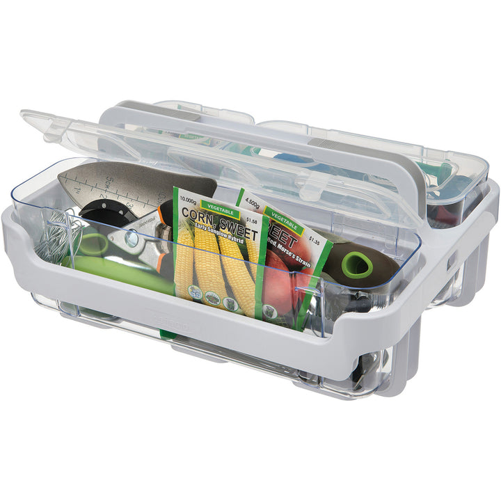 Image of deflecto® Stackable Caddy Organizer with S, M and L Containers, Plastic, 10.5 x 14 x 6.5, White Caddy/Clear Containers