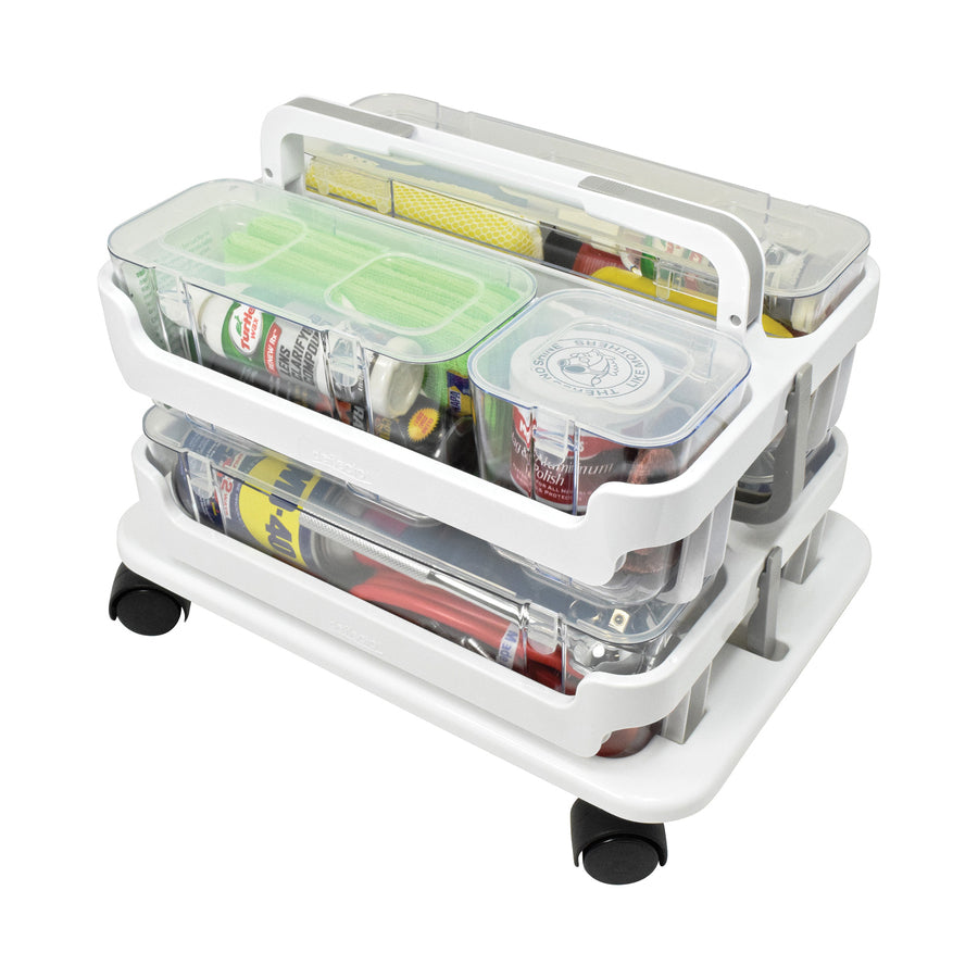 Image of deflecto® Stackable Caddy Organizer with S, M and L Containers, Plastic, 10.5 x 14 x 6.5, White Caddy/Clear Containers