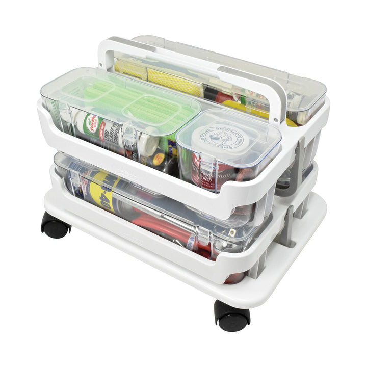 Image of deflecto® Stackable Caddy Organizer with S, M and L Containers, Plastic, 10.5 x 14 x 6.5, White Caddy/Clear Containers