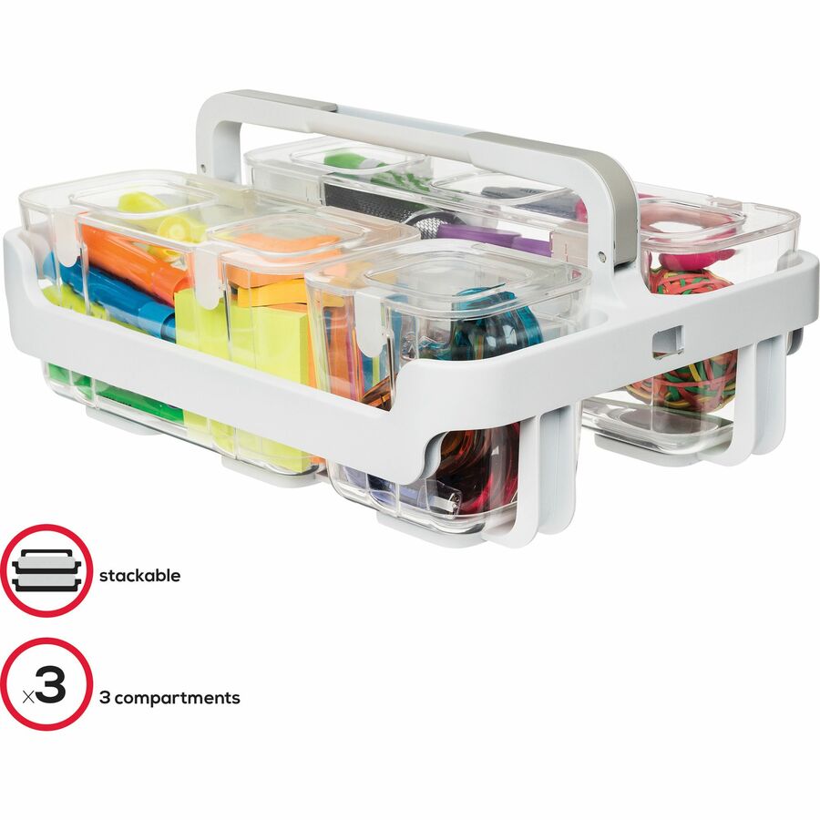Image of deflecto® Stackable Caddy Organizer with S, M and L Containers, Plastic, 10.5 x 14 x 6.5, White Caddy/Clear Containers