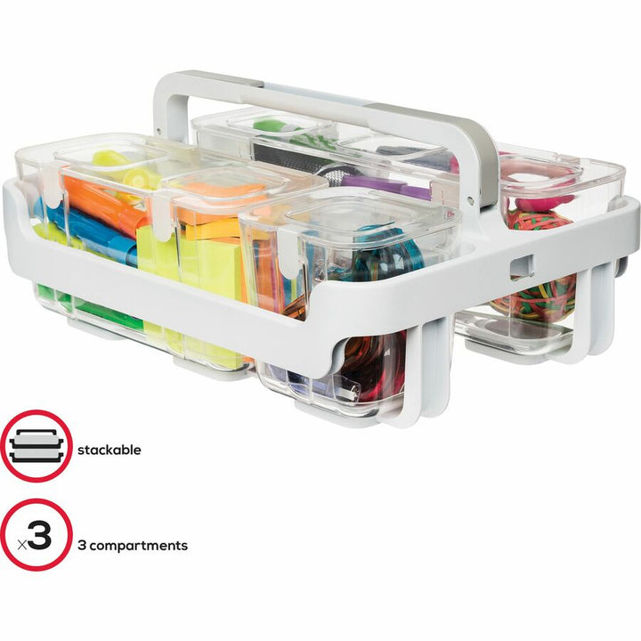 Image of deflecto® Stackable Caddy Organizer with S, M and L Containers, Plastic, 10.5 x 14 x 6.5, White Caddy/Clear Containers