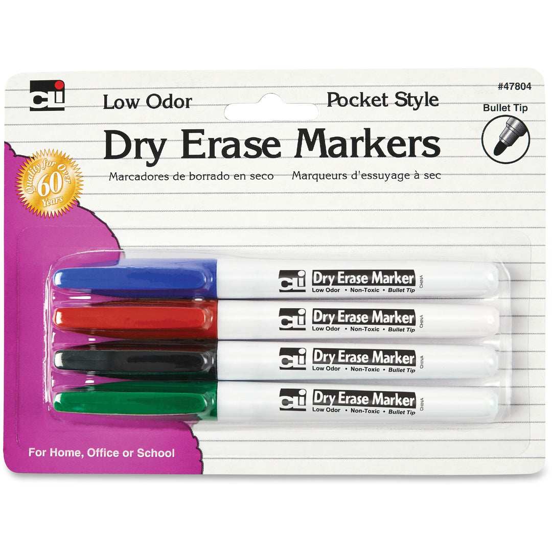 Image of Charles Leonard® Dry-Erase Markers, Pocket Style, 4/PK, AST