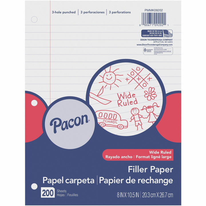 Image of Pacon® Filler Paper, 8"x10-1/2", 3/8" Rld, 200 Shts/PK, White