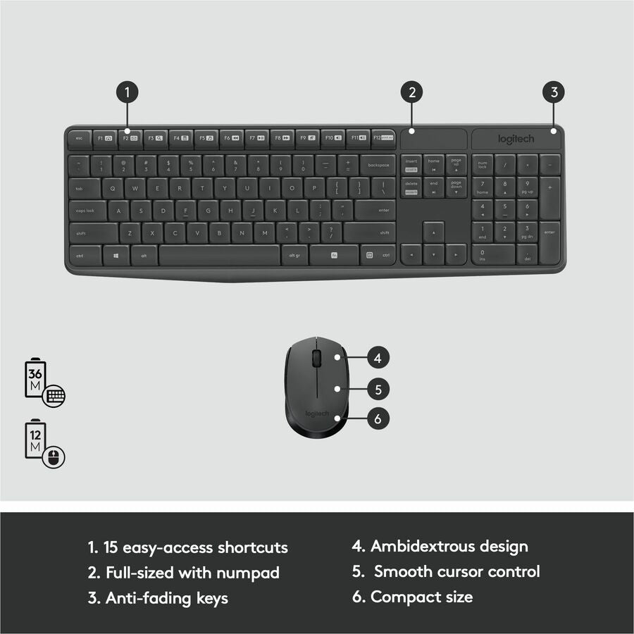 Image of Logitech® MK235 Wireless Keyboard and Optical Mouse Combo, 2.4 GHz Frequency, 33 ft Wireless Range, Black