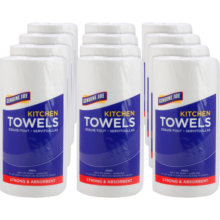 Image of Genuine Joe Towel Roll,Paper,2-Ply,250Shts/RL,8"x11", 12RL/CT, White