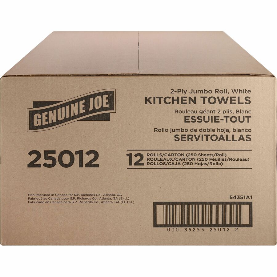 Image of Genuine Joe Towel Roll,Paper,2-Ply,250Shts/RL,8"x11", 12RL/CT, White