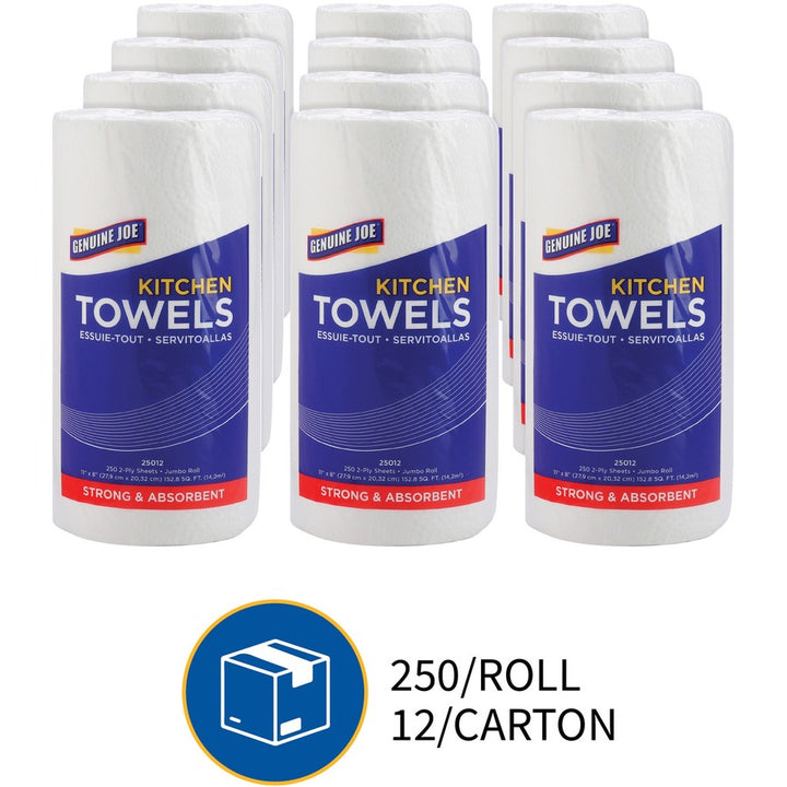 Image of Genuine Joe Towel Roll,Paper,2-Ply,250Shts/RL,8"x11", 12RL/CT, White
