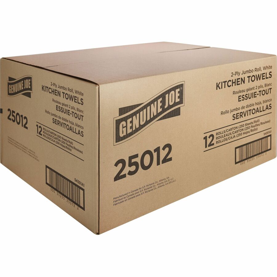 Image of Genuine Joe Towel Roll,Paper,2-Ply,250Shts/RL,8"x11", 12RL/CT, White