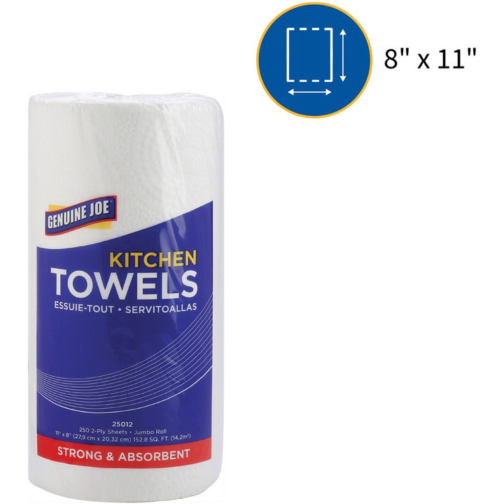 Image of Genuine Joe Towel Roll,Paper,2-Ply,250Shts/RL,8"x11", 12RL/CT, White