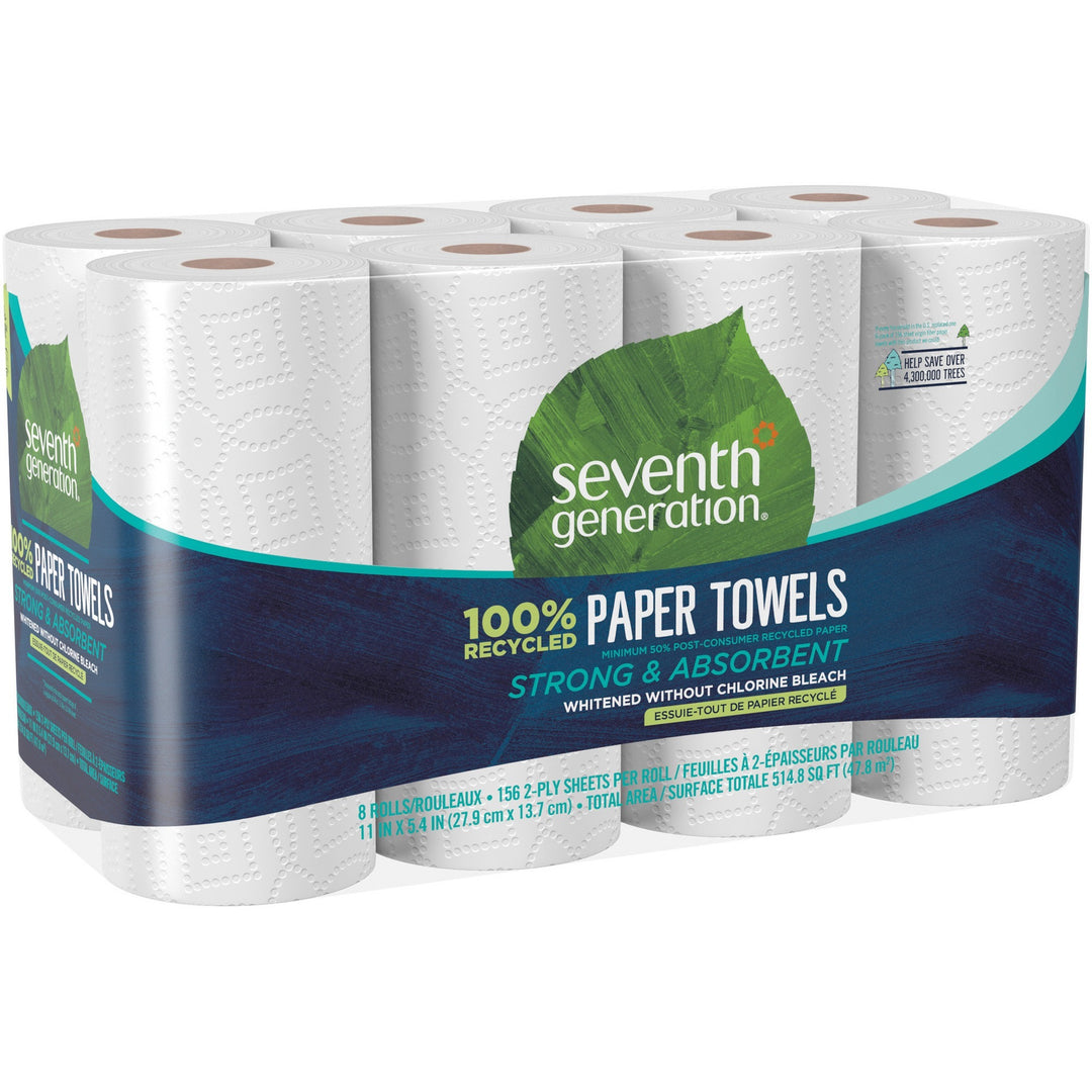 Image of Seventh Generation 13739 100% Recycled Paper Towels, 2 Ply, 156 Sheets/Roll, White, Paper, 8 / Pack