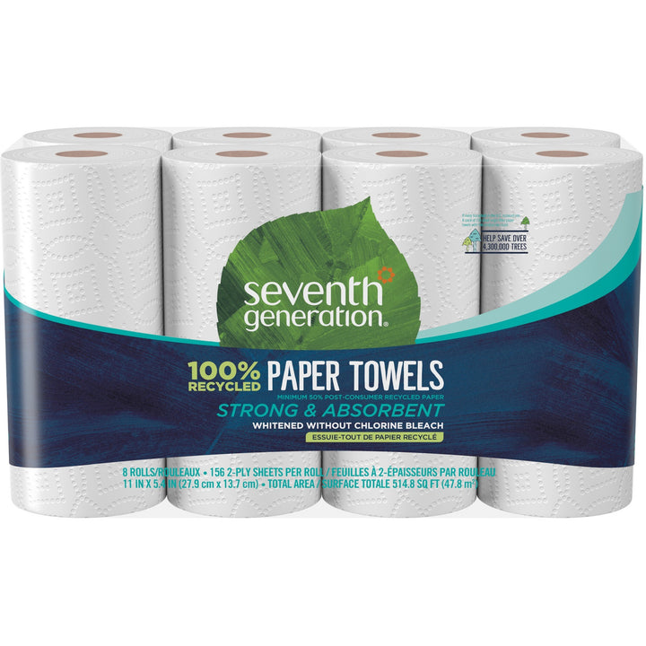 Image of Seventh Generation 13739 100% Recycled Paper Towels, 2 Ply, 156 Sheets/Roll, White, Paper, 8 / Pack
