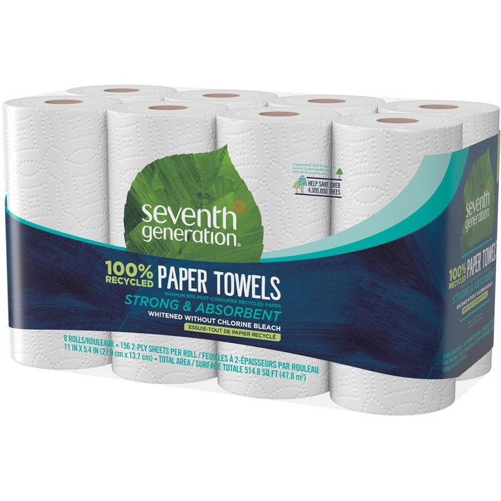 Image of Seventh Generation 13739 100% Recycled Paper Towels, 2 Ply, 156 Sheets/Roll, White, Paper, 8 / Pack