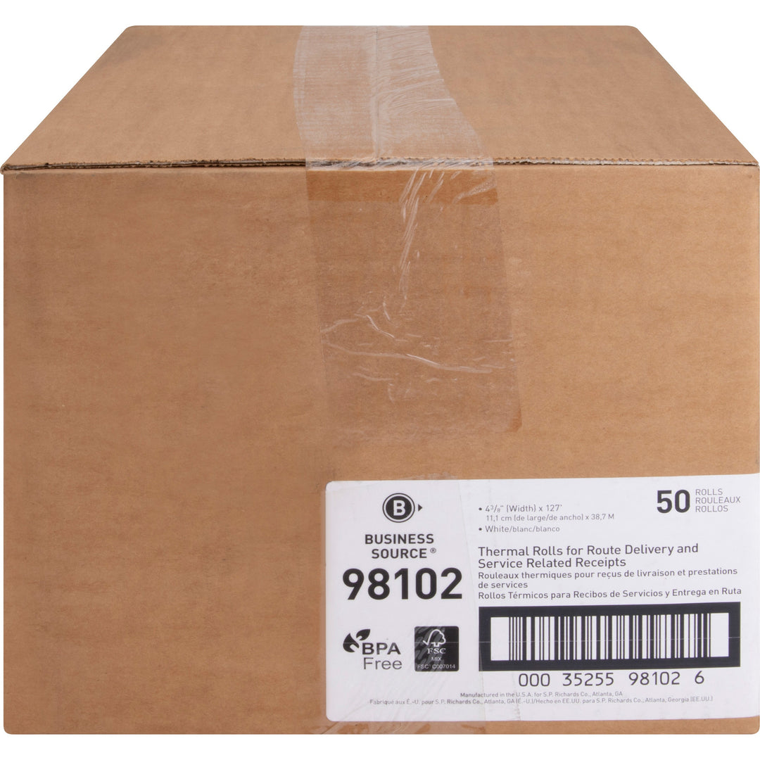 Image of Business Source 98102 Portable Printer Receipt Thermal Rolls, 4 19/64" x 127 ft, White, 50 / Carton
