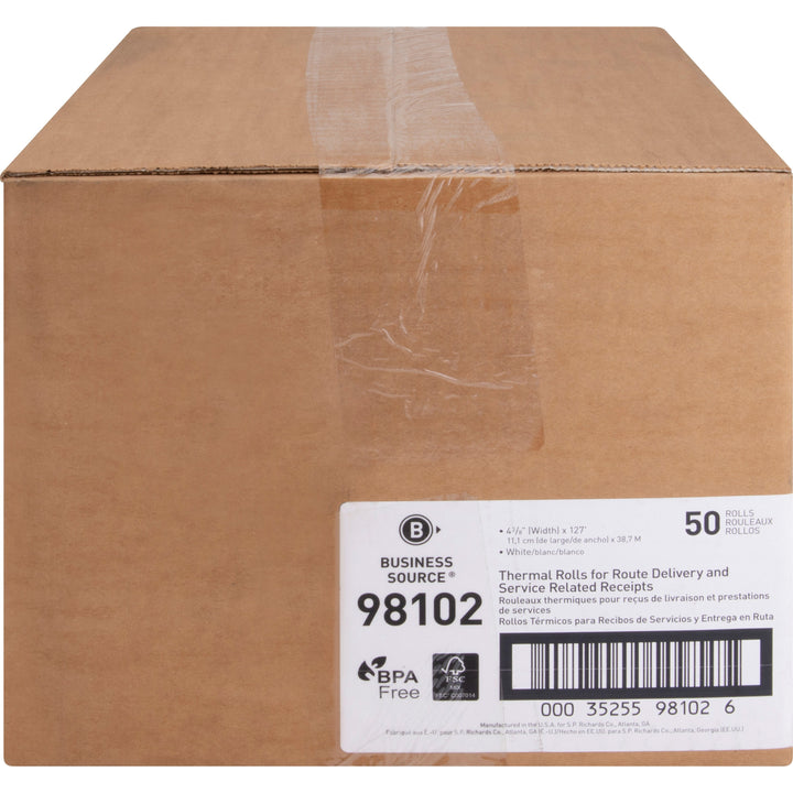 Image of Business Source 98102 Portable Printer Receipt Thermal Rolls, 4 19/64" x 127 ft, White, 50 / Carton