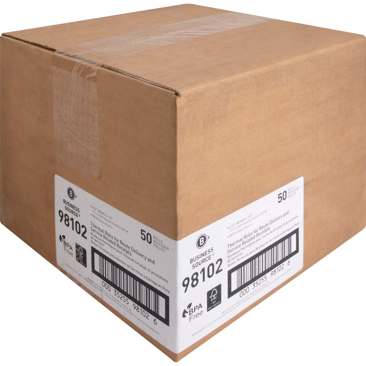 Image of Business Source 98102 Portable Printer Receipt Thermal Rolls, 4 19/64" x 127 ft, White, 50 / Carton