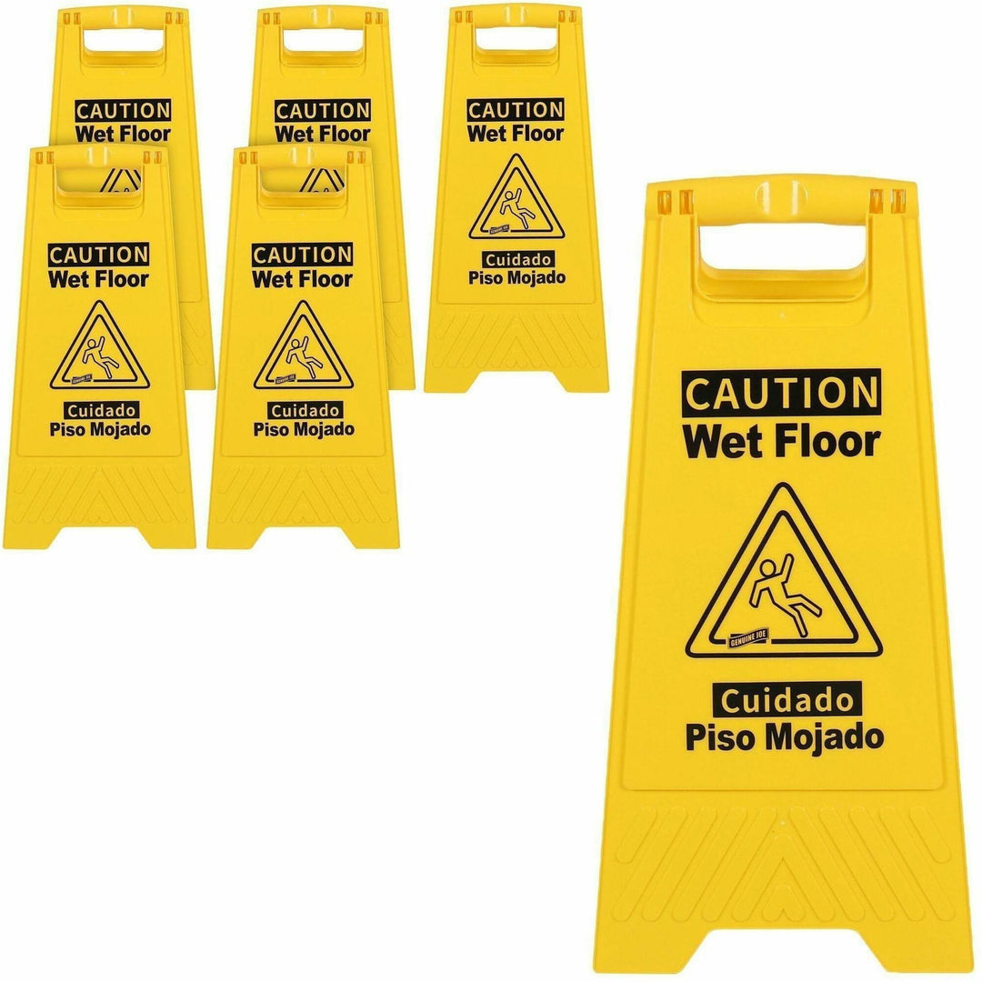 Image of Genuine Joe Sign,Wet Floor,w/Graphic,English/Spanish,6/CT,YW/BK