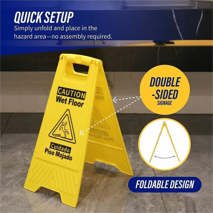 Image of Genuine Joe Sign,Wet Floor,w/Graphic,English/Spanish,6/CT,YW/BK