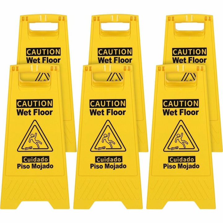 Image of Genuine Joe Sign,Wet Floor,w/Graphic,English/Spanish,6/CT,YW/BK