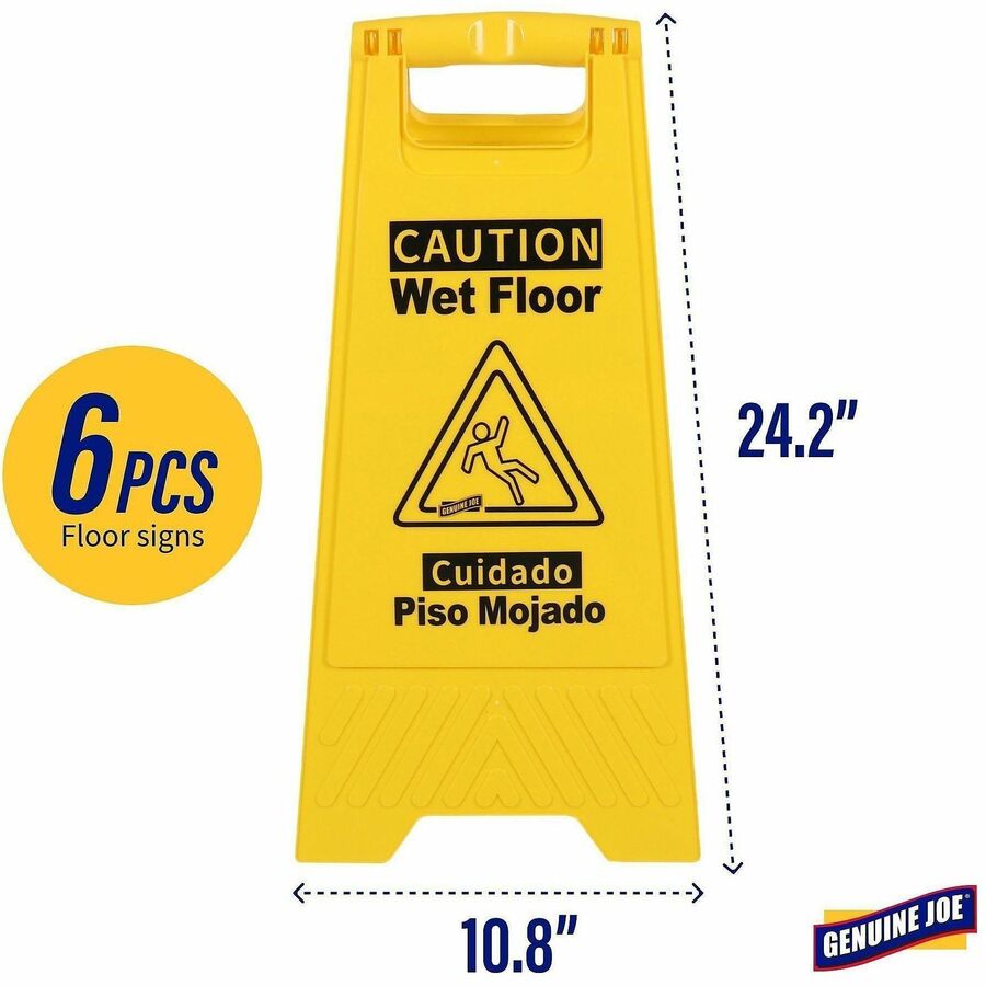 Image of Genuine Joe Sign,Wet Floor,w/Graphic,English/Spanish,6/CT,YW/BK