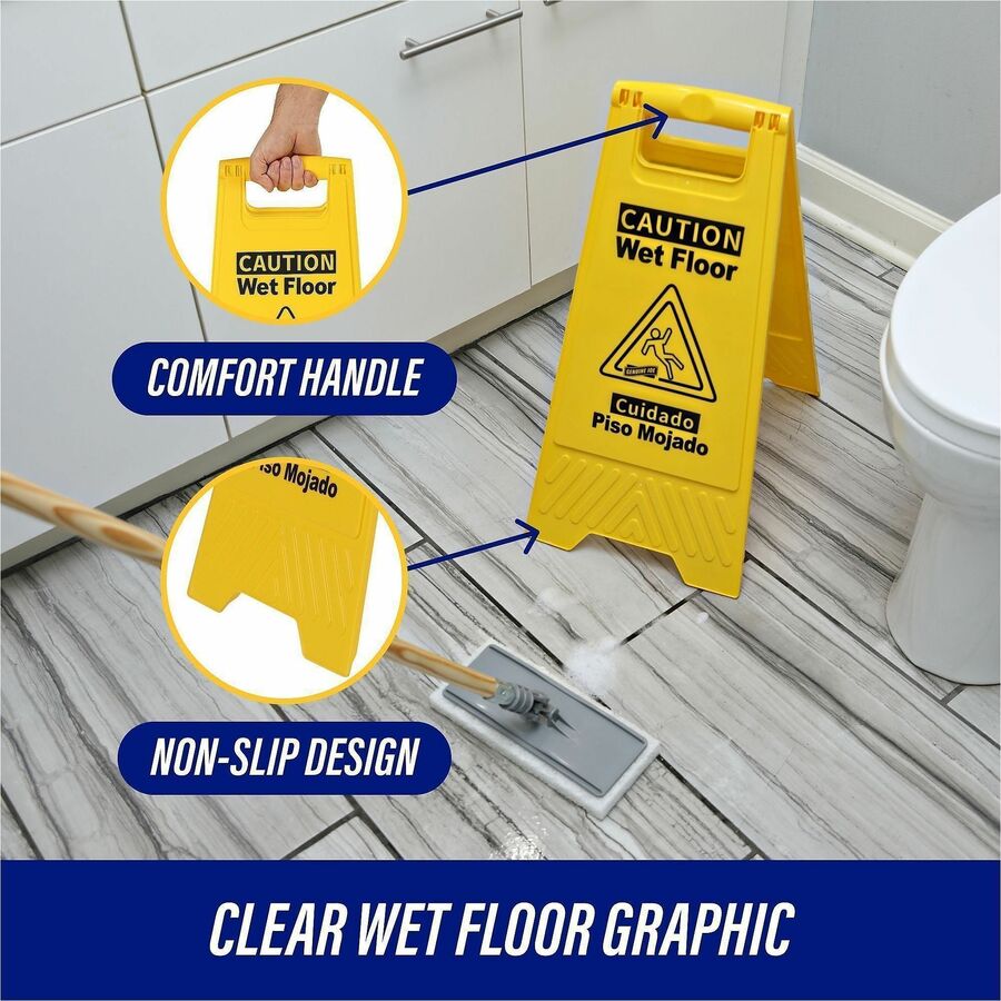 Image of Genuine Joe Sign,Wet Floor,w/Graphic,English/Spanish,6/CT,YW/BK
