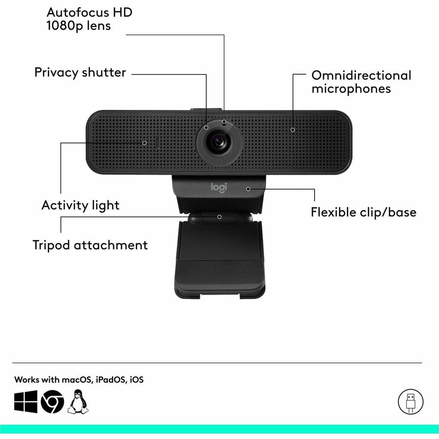 Image of Logitech® C925e 1080p Business Webcam, 1920 pixels x 1080 pixels, 2 Mpixels, Black