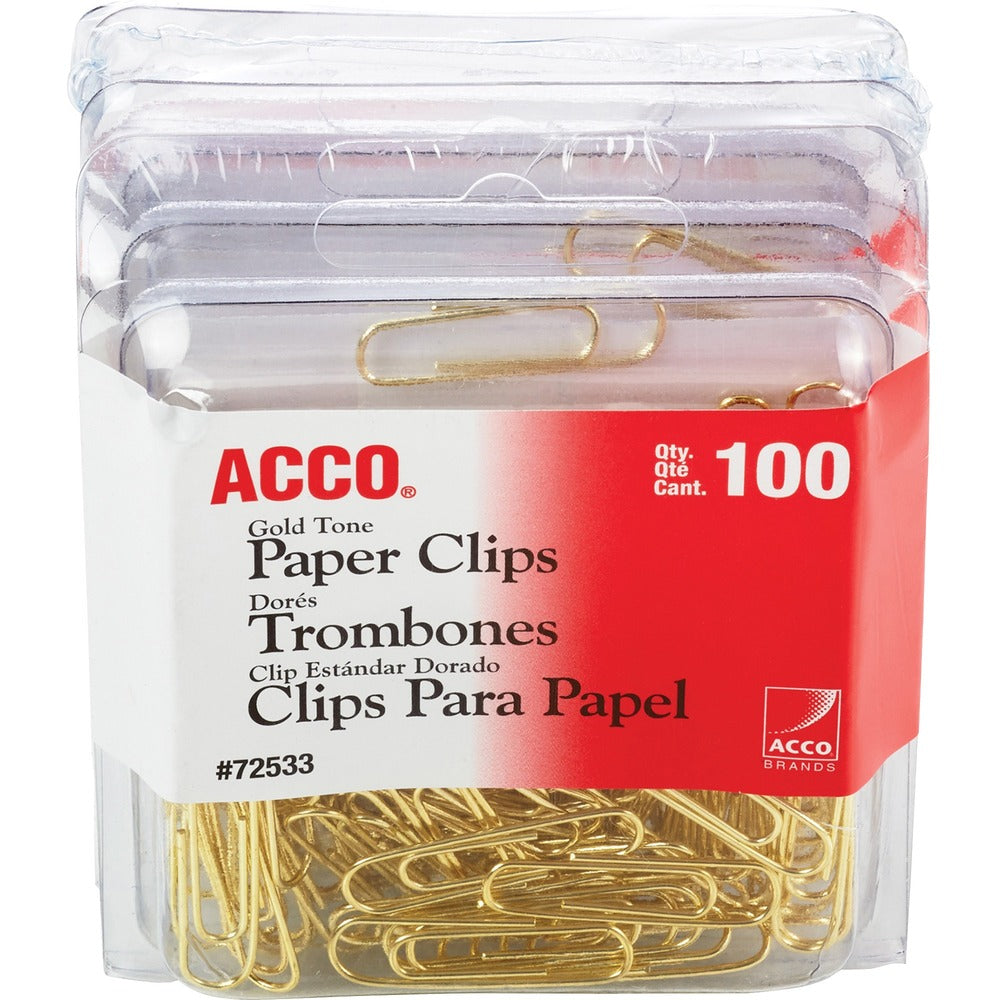 Image of ACCO Regular Paper Clips, No. 2, 100 Clips/BX, 4BX/PK, Gold