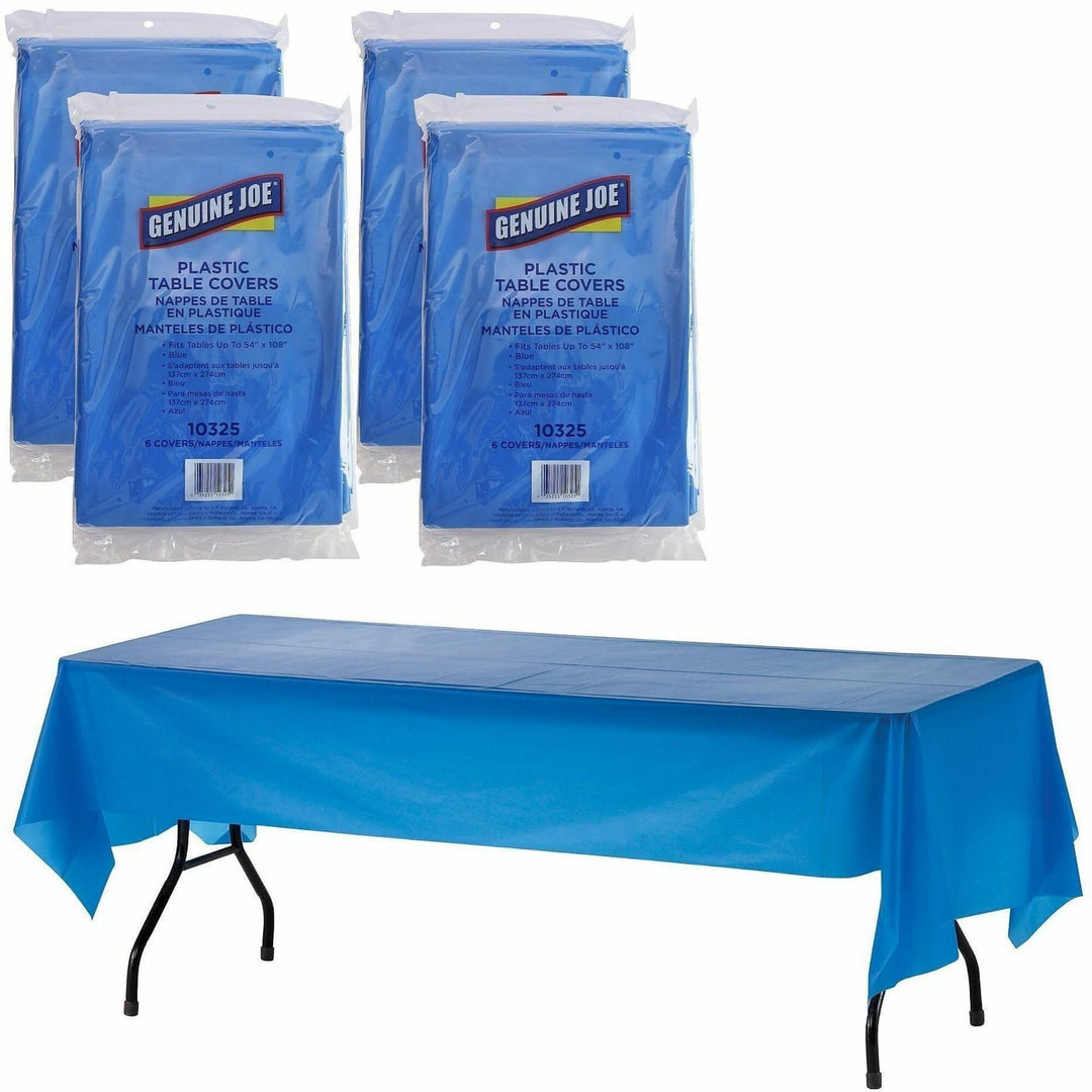 Image of Genuine Joe 10325CT Plastic Rectangular Table Covers, 108" L x 54" Width, Plastic, Blue, 6/Pack, 4 / Carton