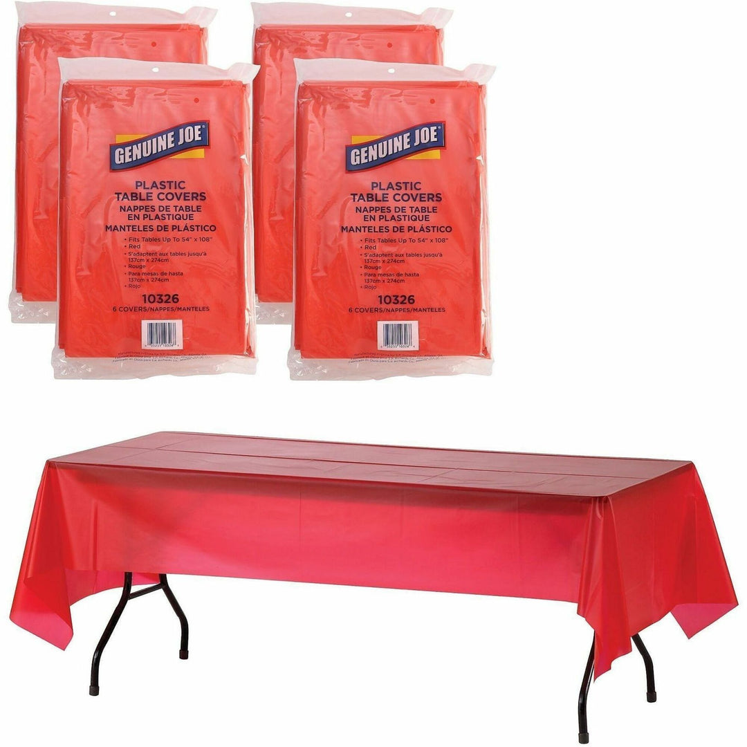 Image of Genuine Joe Table Covers, Plastic, 54"x108", 6/PK,4PK/CT,Red