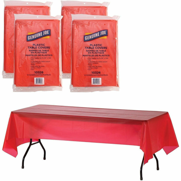 Image of Genuine Joe Table Covers, Plastic, 54"x108", 6/PK,4PK/CT,Red