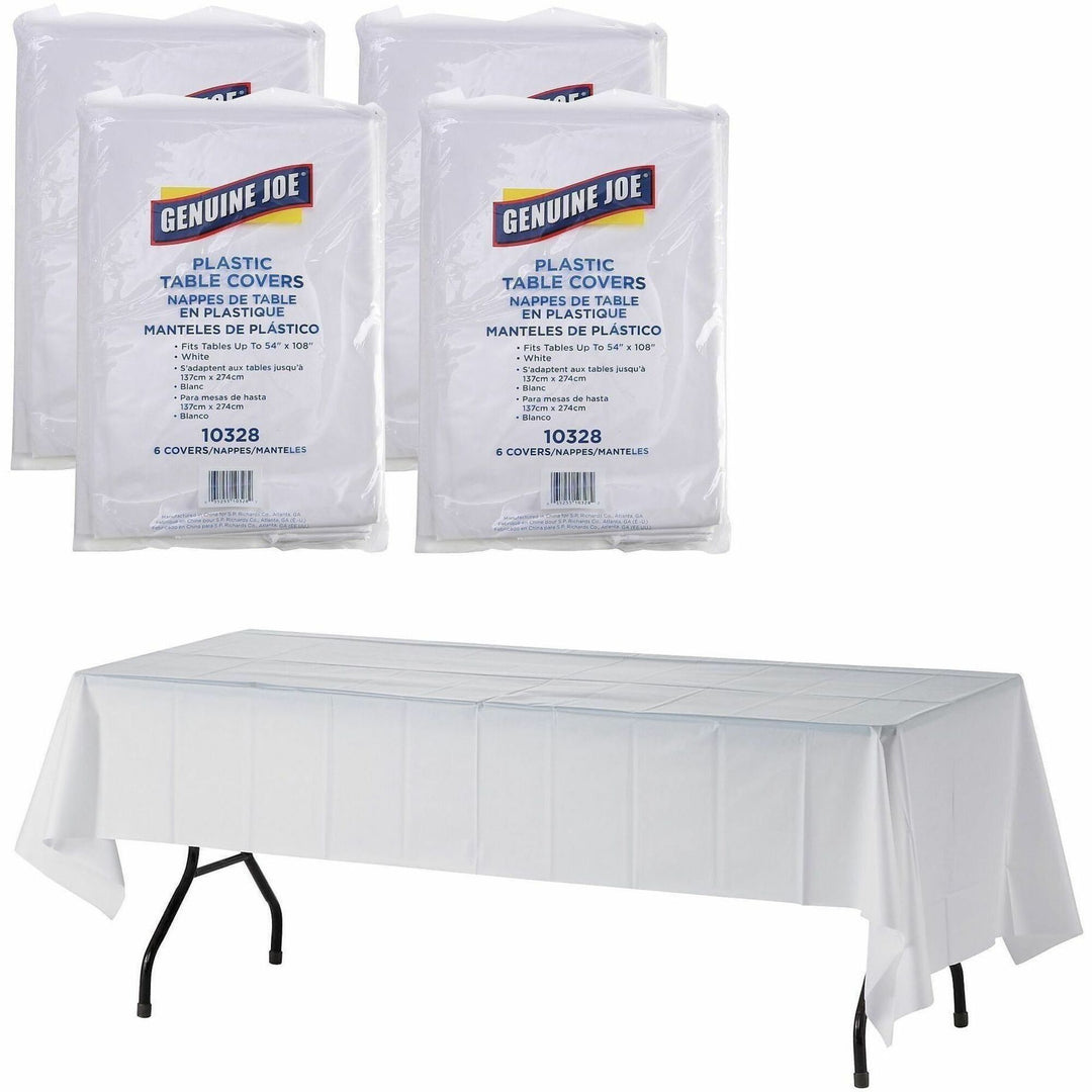 Image of Genuine Joe Table Covers, Plastic, 54"x108", 6/PK,4PK/CT, White