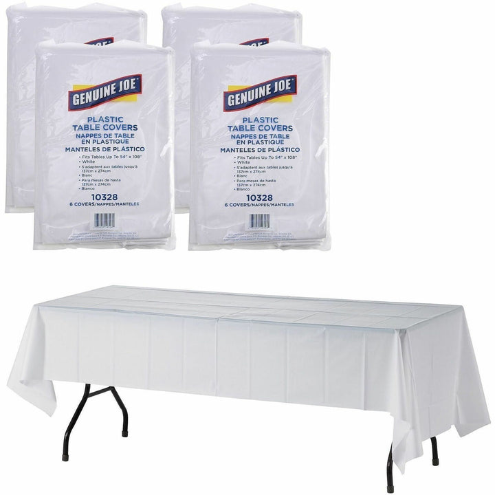 Image of Genuine Joe Table Covers, Plastic, 54"x108", 6/PK,4PK/CT, White