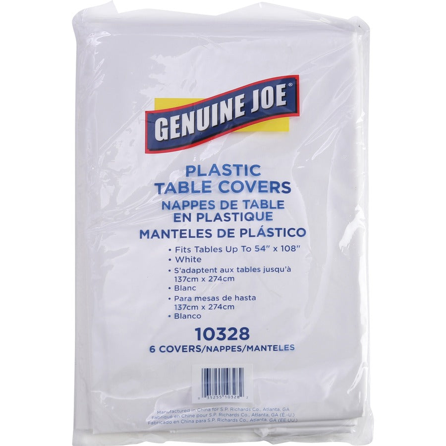 Image of Genuine Joe Table Covers, Plastic, 54"x108", 6/PK,4PK/CT, White