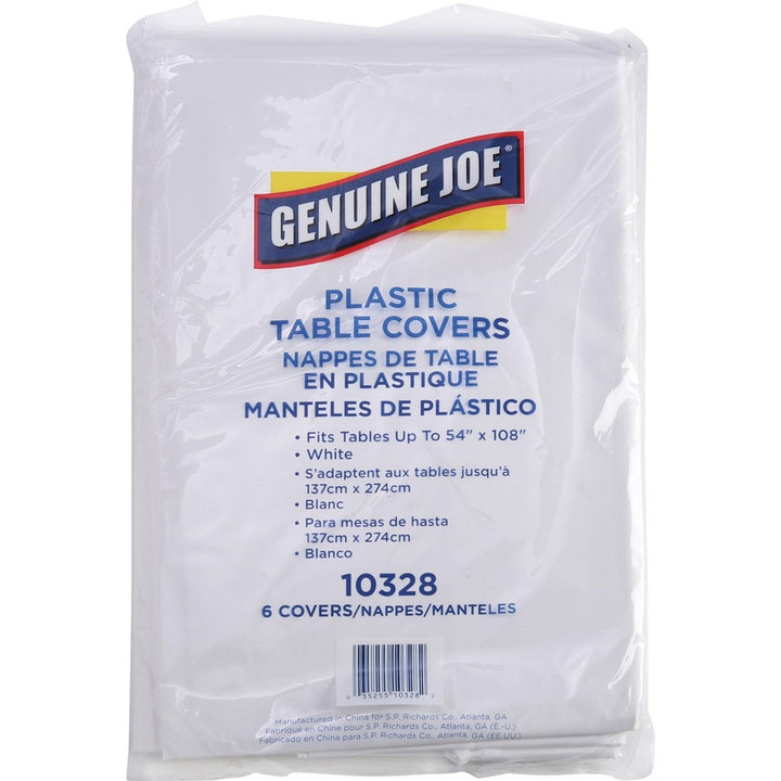 Image of Genuine Joe Table Covers, Plastic, 54"x108", 6/PK,4PK/CT, White