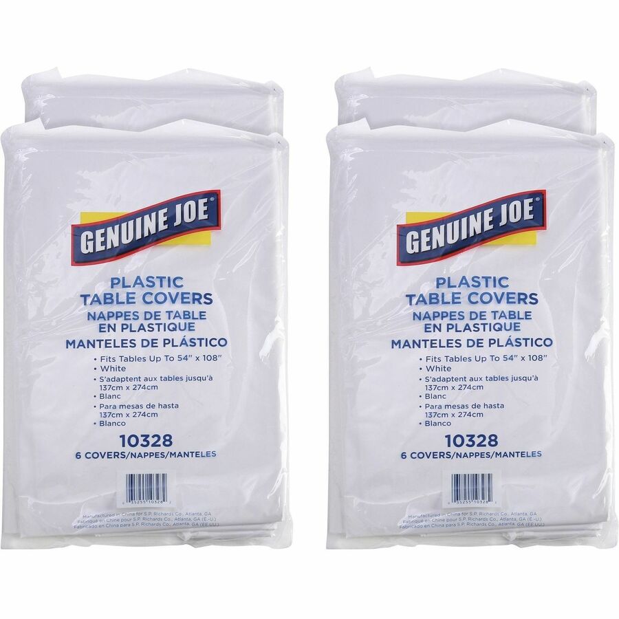 Image of Genuine Joe Table Covers, Plastic, 54"x108", 6/PK,4PK/CT, White