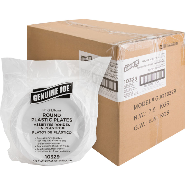 Image of Genuine Joe 10329CT 9" Reusable Plastic Plates, Serving, Disposable, 9" Diameter, White, Plastic Body, 125/Pack, 4 / Carton
