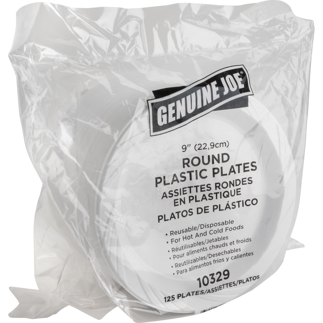 Image of Genuine Joe 10329CT 9" Reusable Plastic Plates, Serving, Disposable, 9" Diameter, White, Plastic Body, 125/Pack, 4 / Carton