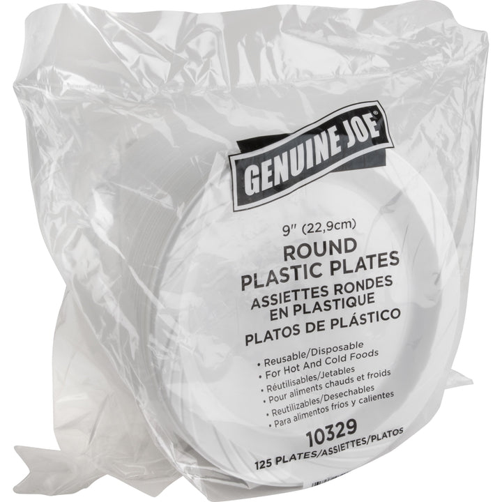 Image of Genuine Joe 10329CT 9" Reusable Plastic Plates, Serving, Disposable, 9" Diameter, White, Plastic Body, 125/Pack, 4 / Carton