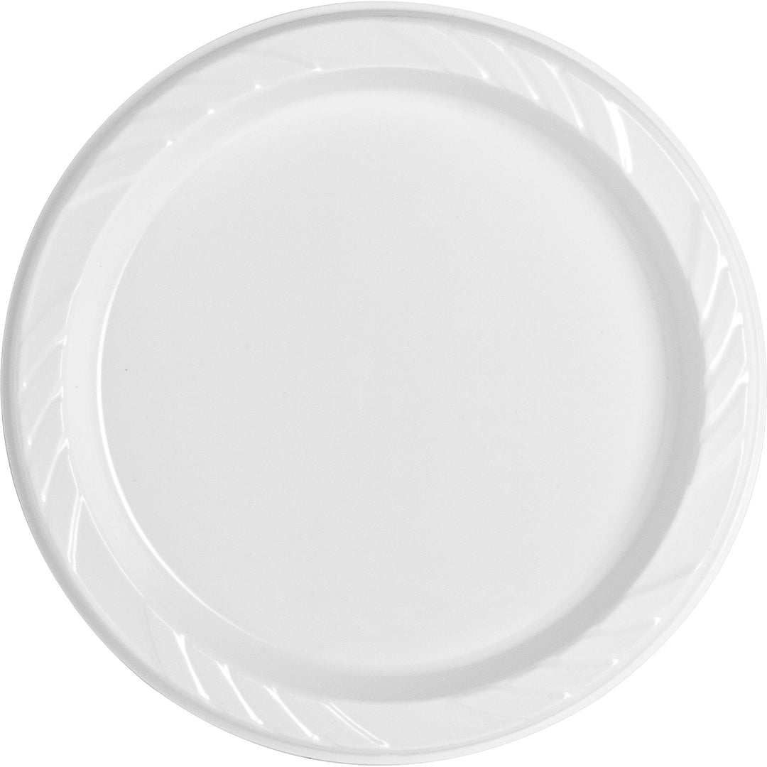 Image of Genuine Joe 10329CT 9" Reusable Plastic Plates, Serving, Disposable, 9" Diameter, White, Plastic Body, 125/Pack, 4 / Carton