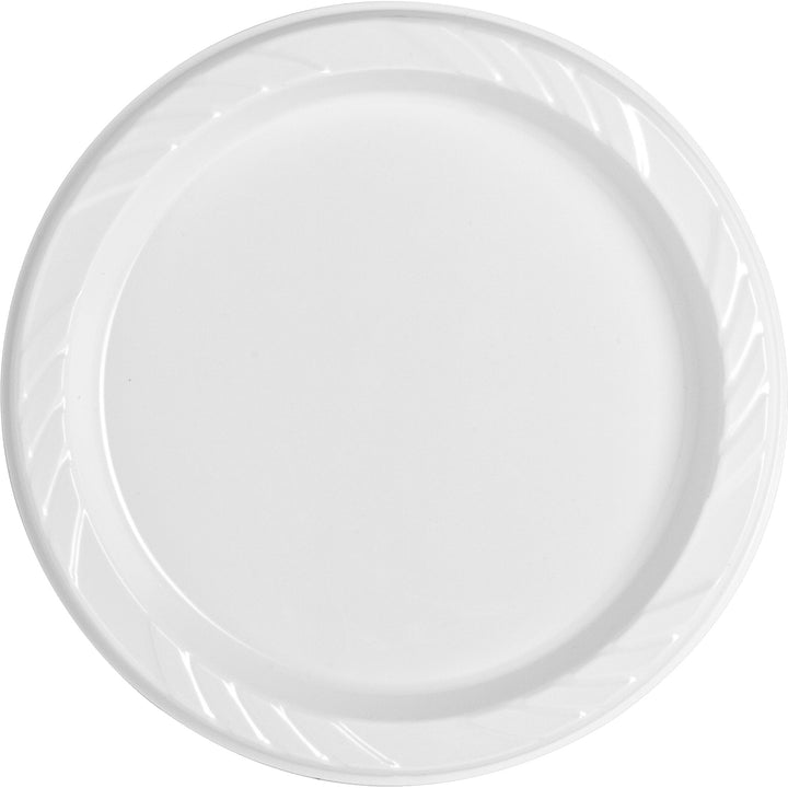 Image of Genuine Joe 10329CT 9" Reusable Plastic Plates, Serving, Disposable, 9" Diameter, White, Plastic Body, 125/Pack, 4 / Carton