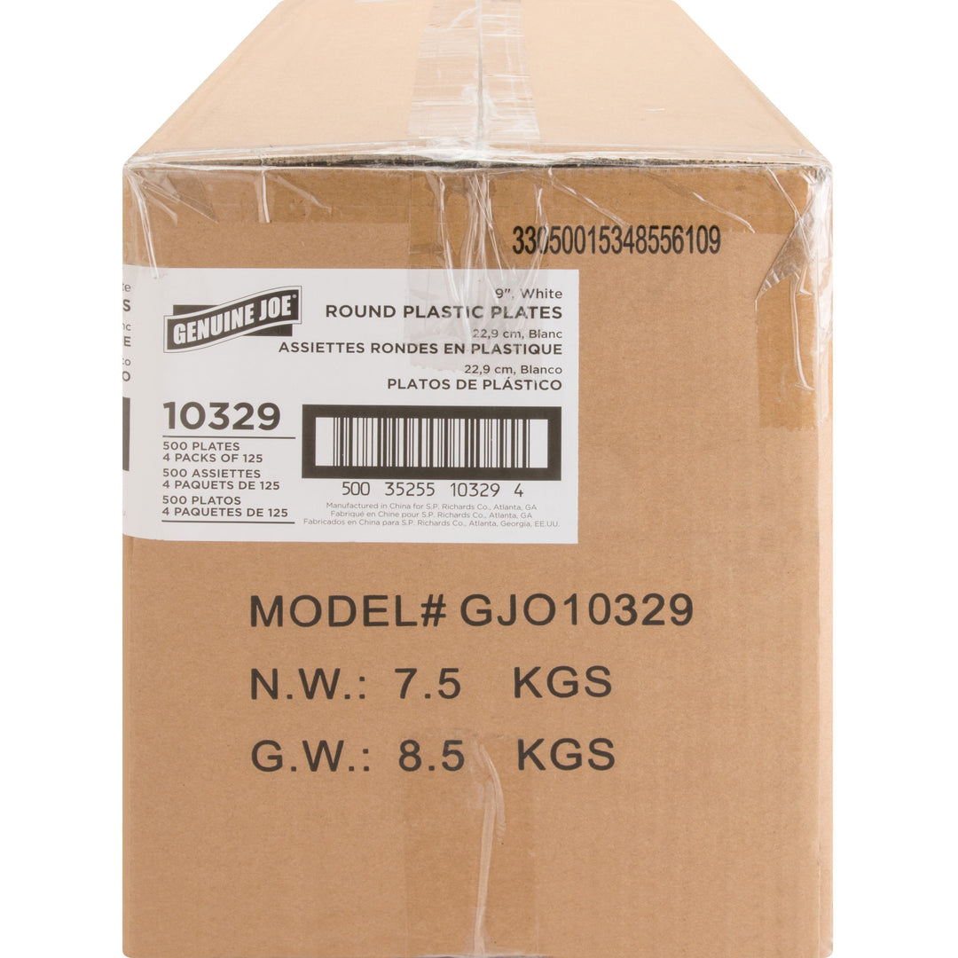 Image of Genuine Joe 10329CT 9" Reusable Plastic Plates, Serving, Disposable, 9" Diameter, White, Plastic Body, 125/Pack, 4 / Carton