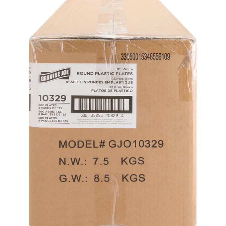 Image of Genuine Joe 10329CT 9" Reusable Plastic Plates, Serving, Disposable, 9" Diameter, White, Plastic Body, 125/Pack, 4 / Carton