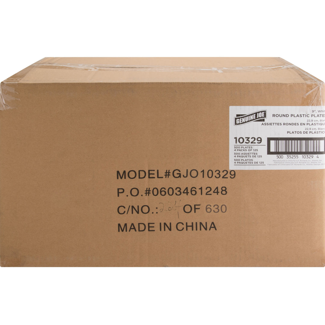 Image of Genuine Joe 10329CT 9" Reusable Plastic Plates, Serving, Disposable, 9" Diameter, White, Plastic Body, 125/Pack, 4 / Carton