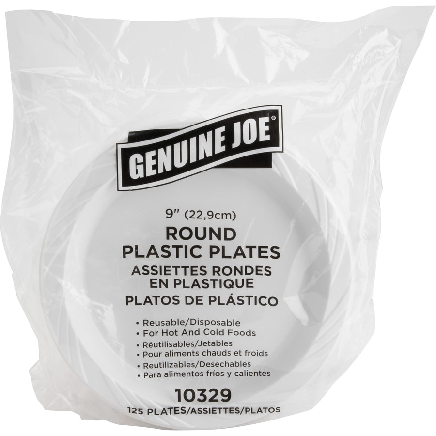 Image of Genuine Joe 10329CT 9" Reusable Plastic Plates, Serving, Disposable, 9" Diameter, White, Plastic Body, 125/Pack, 4 / Carton