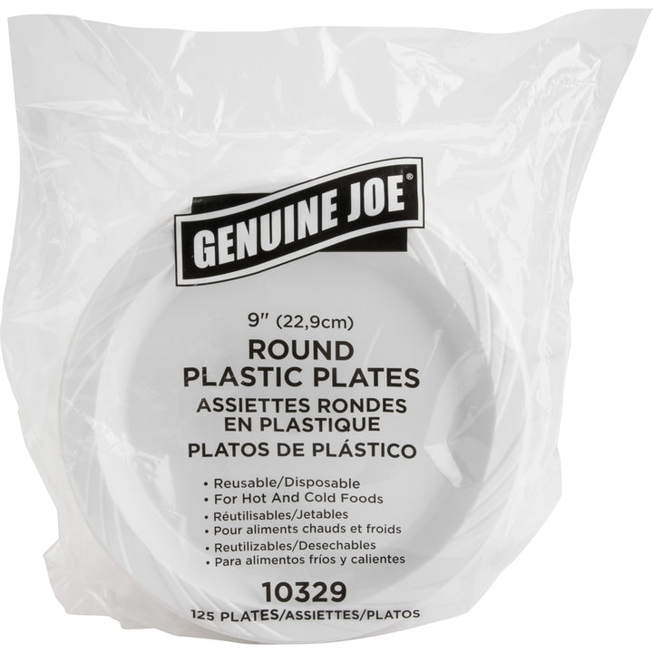 Image of Genuine Joe 10329CT 9" Reusable Plastic Plates, Serving, Disposable, 9" Diameter, White, Plastic Body, 125/Pack, 4 / Carton