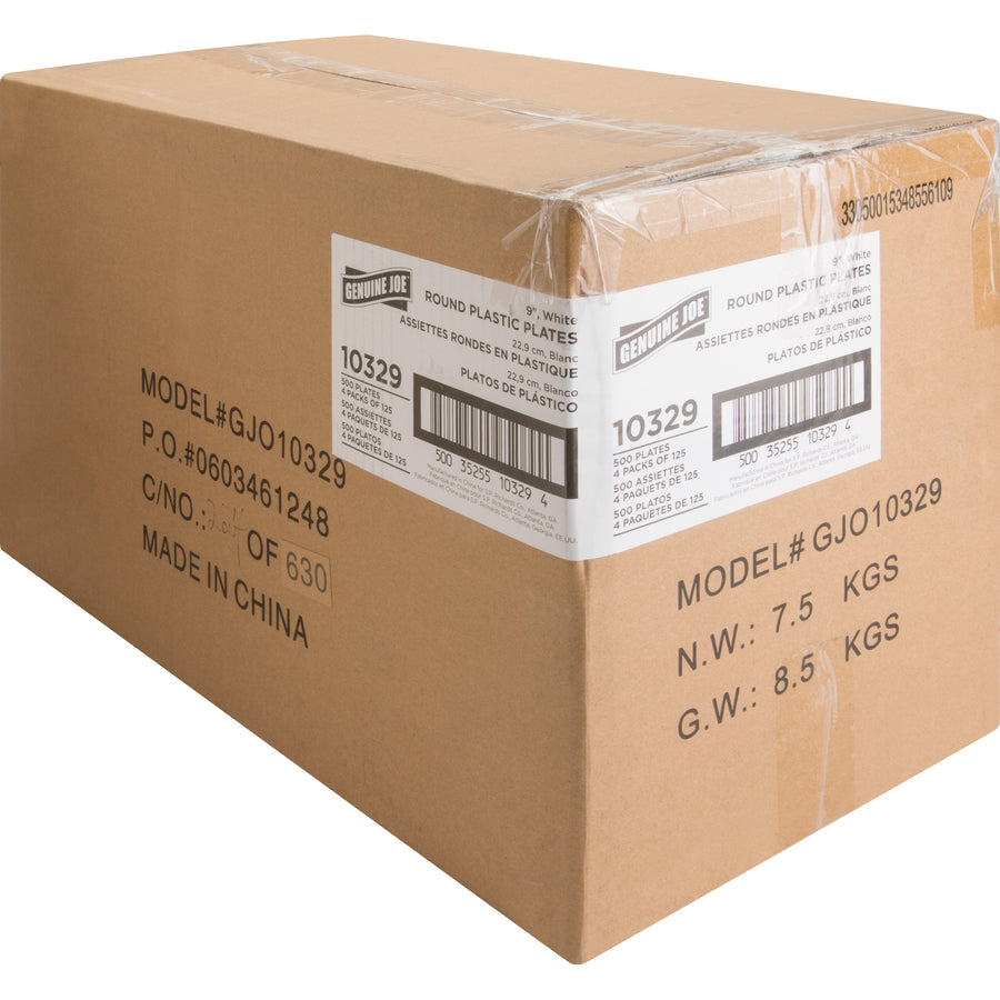 Image of Genuine Joe 10329CT 9" Reusable Plastic Plates, Serving, Disposable, 9" Diameter, White, Plastic Body, 125/Pack, 4 / Carton