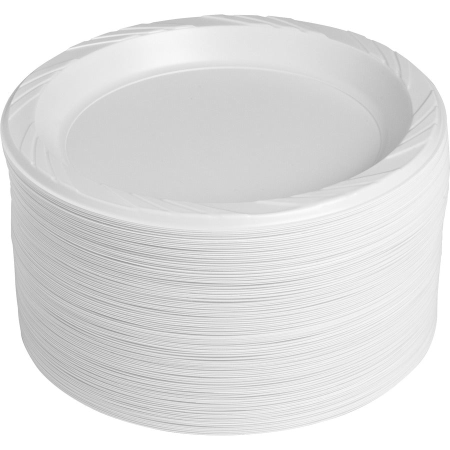 Image of Genuine Joe 10329CT 9" Reusable Plastic Plates, Serving, Disposable, 9" Diameter, White, Plastic Body, 125/Pack, 4 / Carton