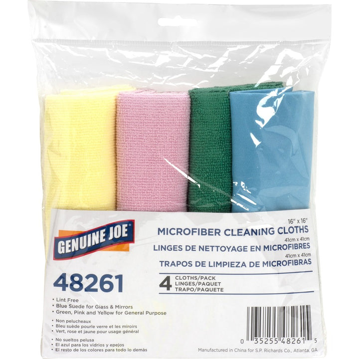 Image of Genuine Joe 48261CT Color-coded Microfiber Cleaning Cloths, 16" W x 16" Length, Assorted, MicroFiber, 4/Pack, 9 / Carton