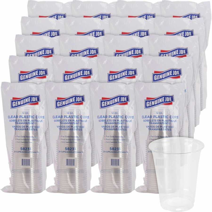Image of Genuine Joe 58231CT 12 oz Clear Plastic Cups, 12 fl oz, Clear, Plastic, Cold Drink, Beverage, 25/Pack, 20 / Carton