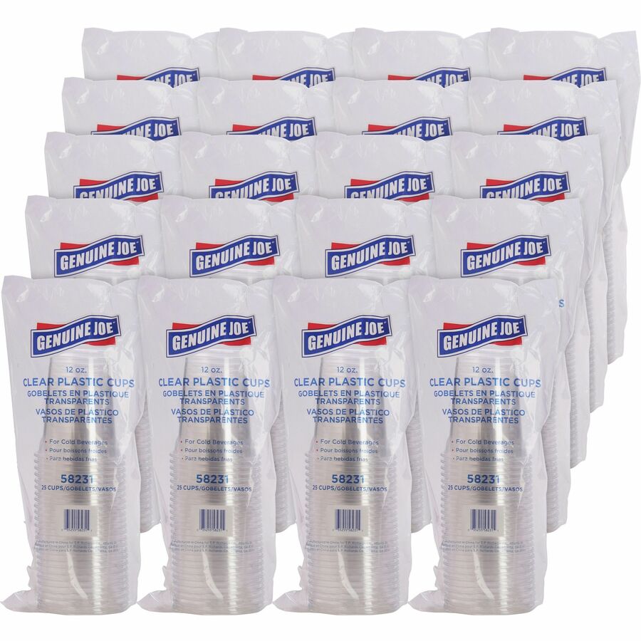 Image of Genuine Joe 58231CT 12 oz Clear Plastic Cups, 12 fl oz, Clear, Plastic, Cold Drink, Beverage, 25/Pack, 20 / Carton